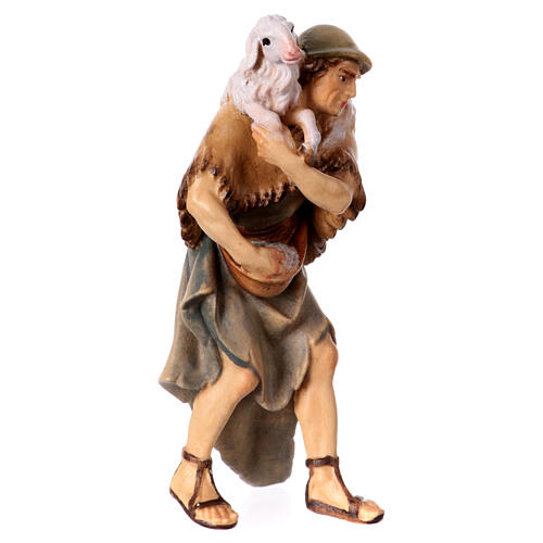 Berger avec mouton sur épaules crèche Original bois peint Val Gardena 10 cm 2
