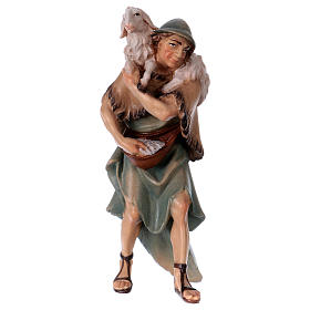 Shepherd and Sheep on Shoulder, 12 cm Original Nativity model, in painted Valgardena wood