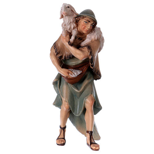 Shepherd and Sheep on Shoulder, 12 cm Original Nativity model, in painted Valgardena wood 1