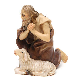 Shepherd Kneeling with Sheep, 10 cm Original Nativity model, in painted Valgardena wood