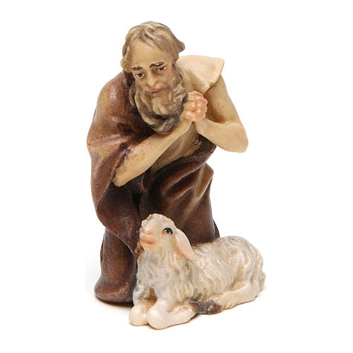 Shepherd Kneeling with Sheep, 10 cm Original Nativity model, in painted Valgardena wood 1