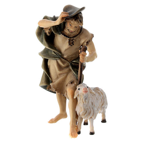 Berger avec crosse et mouton crèche Original bois peint Val Gardena 10 cm 1