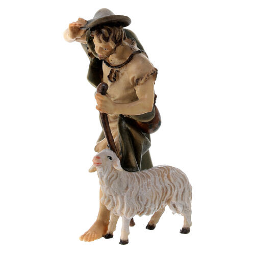 Berger avec crosse et mouton crèche Original bois peint Val Gardena 10 cm 2