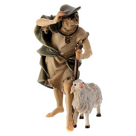 Shepherd with Cane and Sheep, 10 cm Original Nativity model, in painted Valgardena wood
