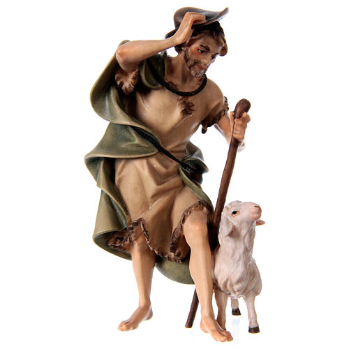 Shepherd with Walking Stick and Sheep, 12 cm Original Nativity model, in painted Valgardena wood 1