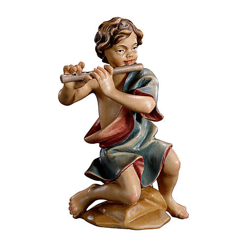 Niño de rodillas con flauta belén Original madera pintada Val Gardena 10 cm de altura media 1
