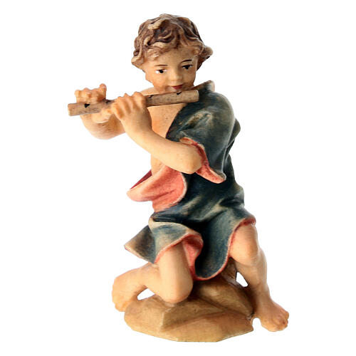 Bambino inginocchiato con flauto presepe Original legno dipinto Valgardena 10 cm 1
