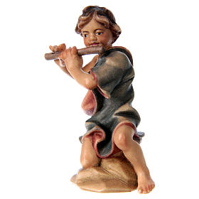 Enfant agenouillé avec flûte crèche Original bois peint Val Gardena 12 cm