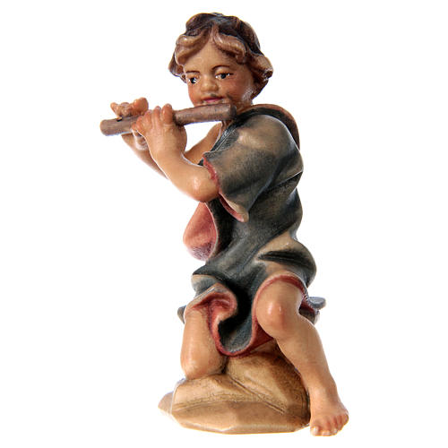 Enfant agenouillé avec flûte crèche Original bois peint Val Gardena 12 cm 2