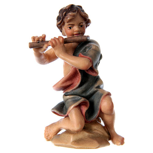 Chłopiec klęczący z fletem szopka Original drewno malowane Val Gardena 12 cm 1