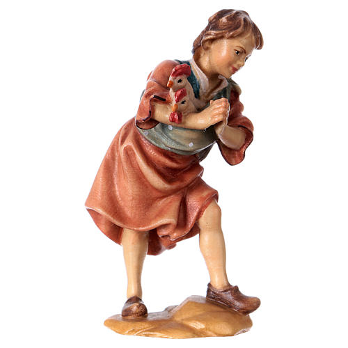 Enfant avec poules crèche Original bois peint Val Gardena 12 cm 3