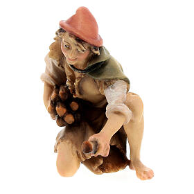 Pastor de joelhos com lenha para presépio Original madeira pintada Val Gardena 12 cm