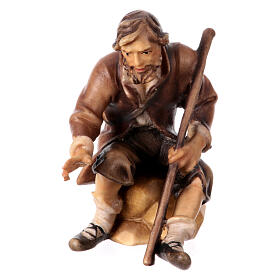 Sitting shepherd with stick Original Nativity Scene in painted wood from Valgardena 10 cm