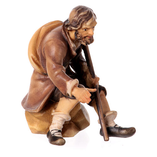 Sitting shepherd with stick Original Nativity Scene in painted wood from Valgardena 10 cm 3