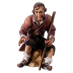 Sitting shepherd with stick Original Nativity Scene in painted wood from Valgardena 12 cm