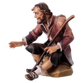 Pastor sentado com bastão para presépio Original madeira pintada Val Gardena 12 cm