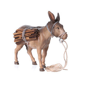 Figura burro com lenha para presépio Original madeira pintada Val Gardena 10 cm