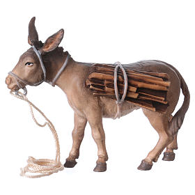 Donkey with wood and rope, 12 cm nativity Original, in painted Valgardena wood