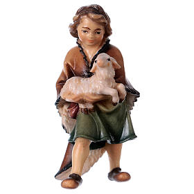 Enfant avec agneau crèche Original en bois peint Val Gardena 12 cm