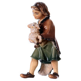 Enfant avec agneau crèche Original en bois peint Val Gardena 12 cm