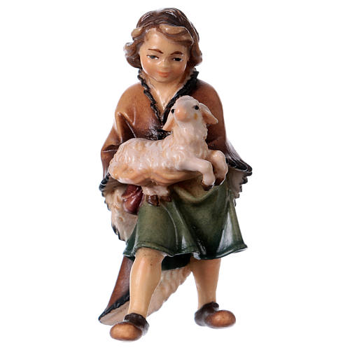 Enfant avec agneau crèche Original en bois peint Val Gardena 12 cm 1