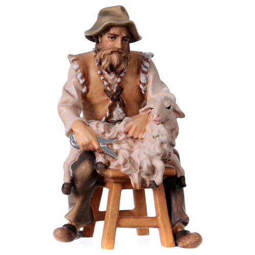 Berger assis tondant un mouton crèche Original en bois peint Val Gardena 12 cm 1