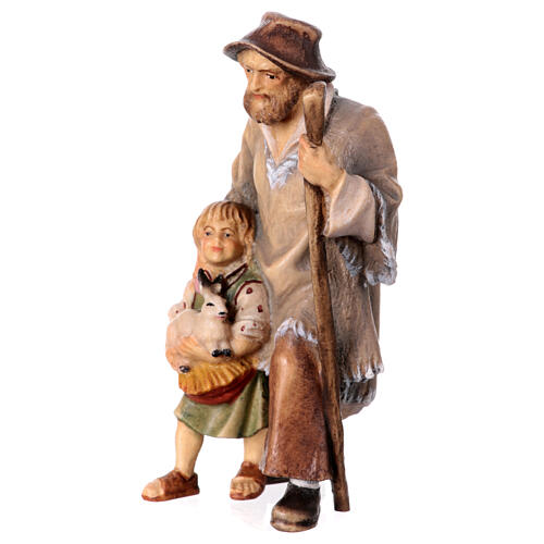 Berger avec petite fille crèche Original bois peint Val Gardena 10 cm 2