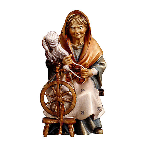 Alte Frau mit Spinnrad 10cm Grödnertal Holz Mod. Original 1