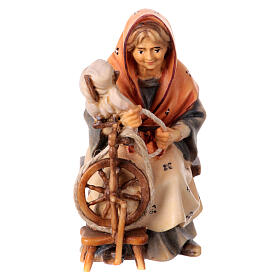 Elderly Farmer with Spinning Wheel, 10 cm Original Nativity model, in painted Valgardena wood