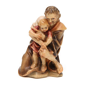 Shepherd Kneeling with Child, 10 cm Original Nativity model, in painted Valgardena wood