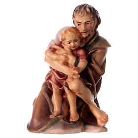 Shepherd Kneeling Holding Child, 12 cm Original Nativity model, in painted Valgardena wood
