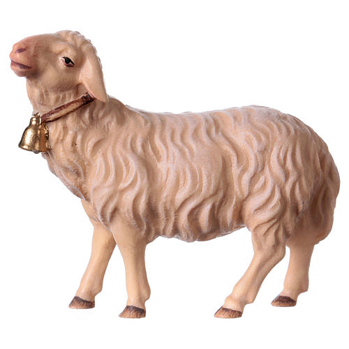 White Sheep with Bell, 12 cm Original Nativity model, in painted Valgardena wood 1