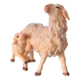 Mouton avec agneau crèche Original bois peint Val Gardena 10 cm