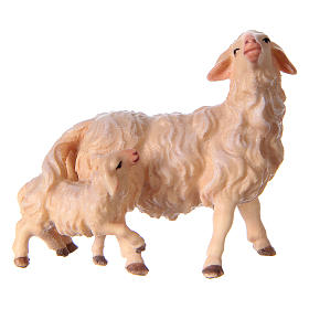 Sheep with Lamb, 10 cm Original Nativity model, in painted Valgardena wood