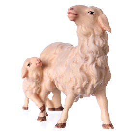 Mouton avec petit agneau crèche Original bois peint Val Gardena 12 cm