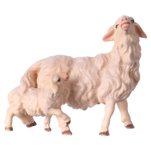 Mouton avec petit agneau crèche Original bois peint Val Gardena 12 cm 1