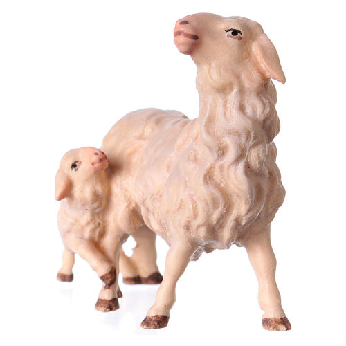 Mouton avec petit agneau crèche Original bois peint Val Gardena 12 cm 2