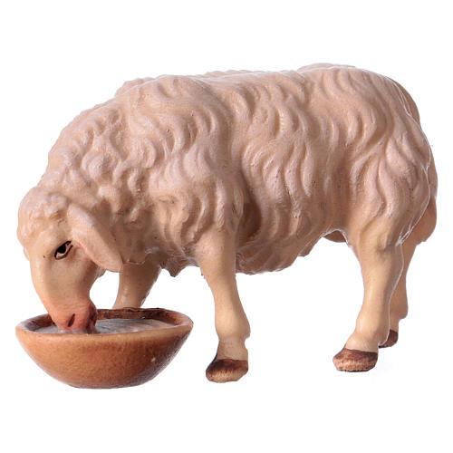 Mouton qui boit dans un bol pour crèche Original bois peint Val Gardena 12 cm 1