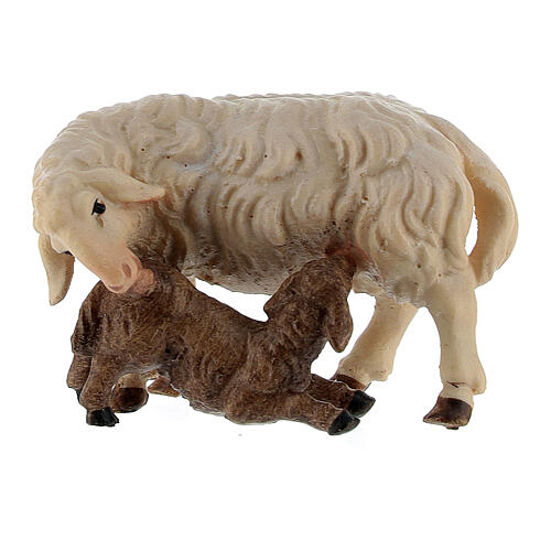 Sheep Nursing Lamb, 10 cm Original Nativity model, in Valgardena wood 1