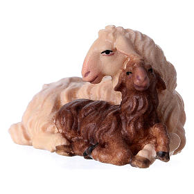 Owca z jagnięciem leżące szopka Original drewno malowane Val Gardena 12 cm
