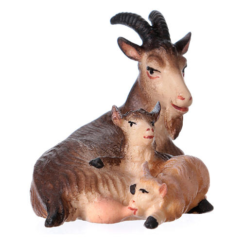 Lying goat with two kids Original Nativity Scene in painted wood from Valgardena 12 cm 3