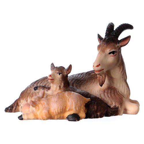 Chèvre allongée avec deux chevreaux pour crèche Original bois peint Val Gardena 12 cm 1
