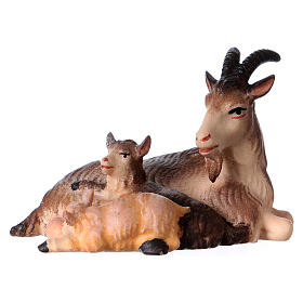 Goat resting with two goats, 12 cm Original Nativity model, in painted Valgardena wood