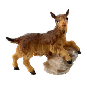 Young Goat on Rock, 10 cm Original Nativity model, in painted Valgardena wood