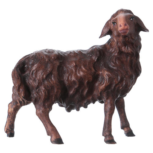 Mouton de couleur foncée qui regarde à droite Original crèche bois peint Val Gardena 12 cm 1
