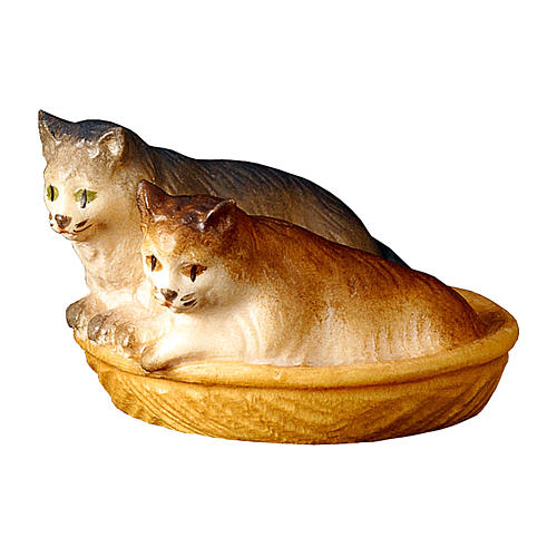 Gatos en la cesta belén Original madera pintada Val Gardena 10 cm de altura media 1