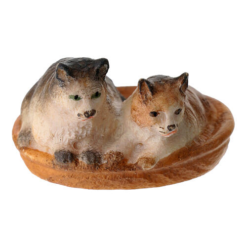 Gatos en la cesta belén Original madera pintada Val Gardena 10 cm de altura media 1