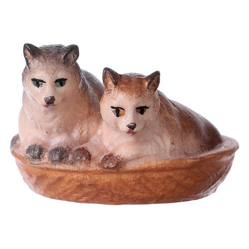 Gatos en la cesta belén Original madera pintada Val Gardena 10 cm de altura media 1