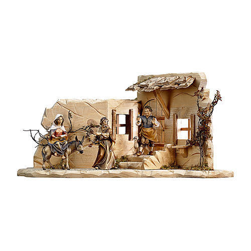 Looking for accommodation scene, Original Nativity Scene in painted wood from Valgardena 10 cm, 44x21x21 cm 1