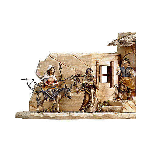 Looking for accommodation scene, Original Nativity Scene in painted wood from Valgardena 10 cm, 44x21x21 cm 2